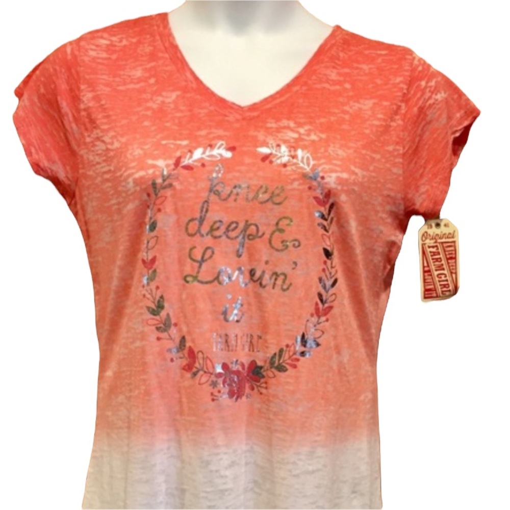 Women’s Farm Girl Orange & White Knee Deep V-neck Burn Out Tee Size Medium